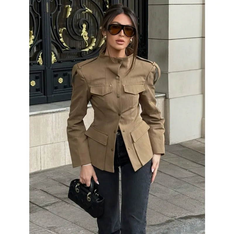 Women Stand Collar Cargo Blazer Jacket Long Sleeve Multi Pocket Slim Fit Waist Tapered Solid Color Outerwear Elegant Streetwear
