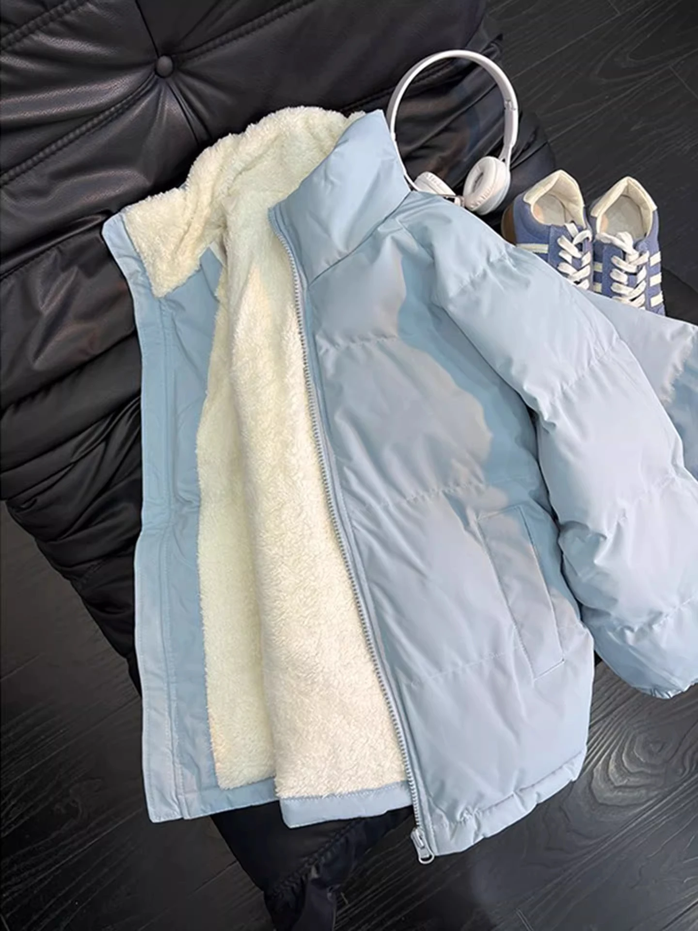 

Dopne Blue Lamb Velvet Cotton Jaet Thiened Fce Stand Collar Men's Winter Coat Warm Casual Sle Zipper Closure