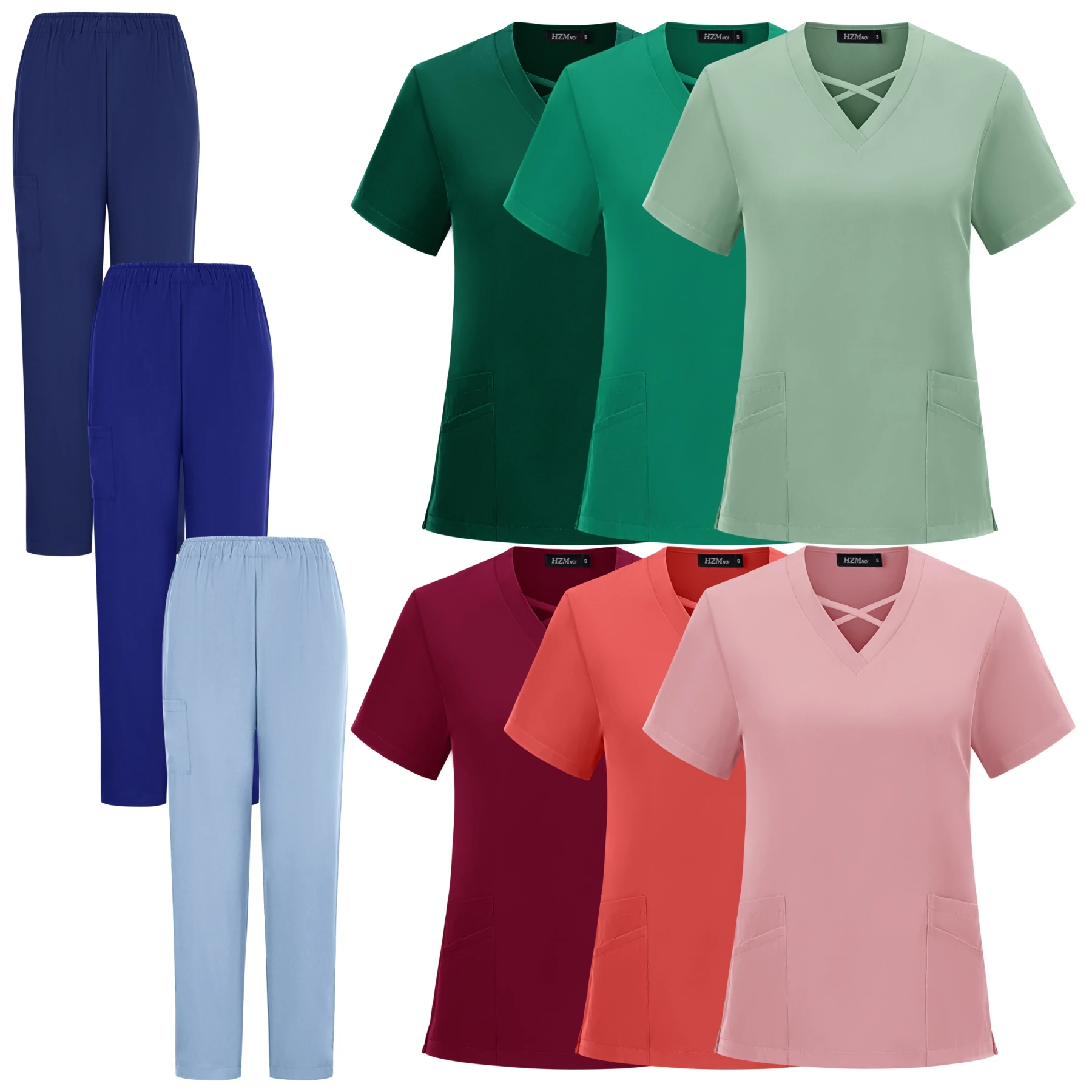 Trajes de fregado de moda para mujer, Top para correr, Tops y pantalones, uniforme de enfermería, médico de Hospital, cuello en X, ropa de trabajo quirúrgica de Color sólido