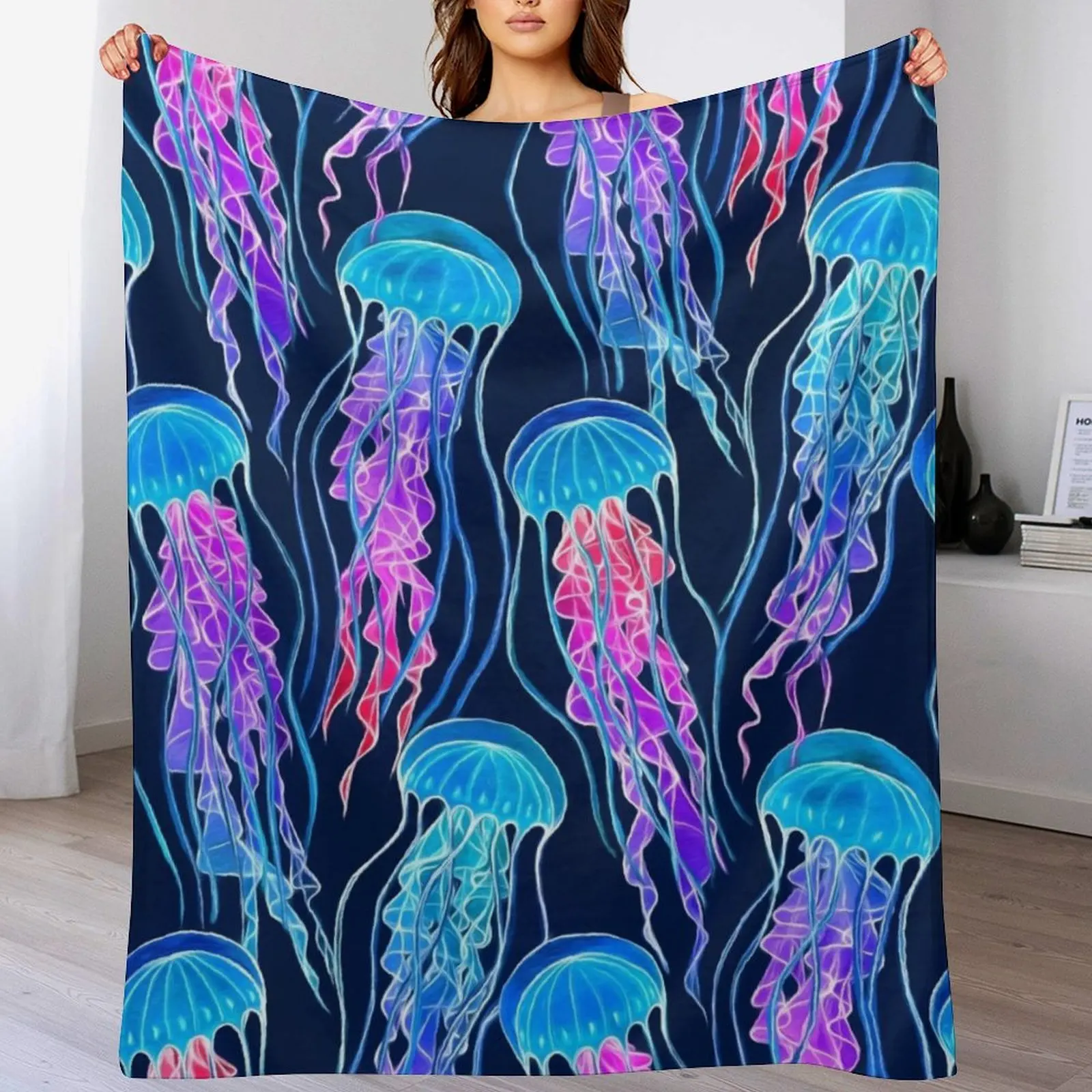 Luminescent Rainbow Jellyfish on Navy Blue Throw Blanket Heavy Hairy sofa bed Sofa Quilt Blankets