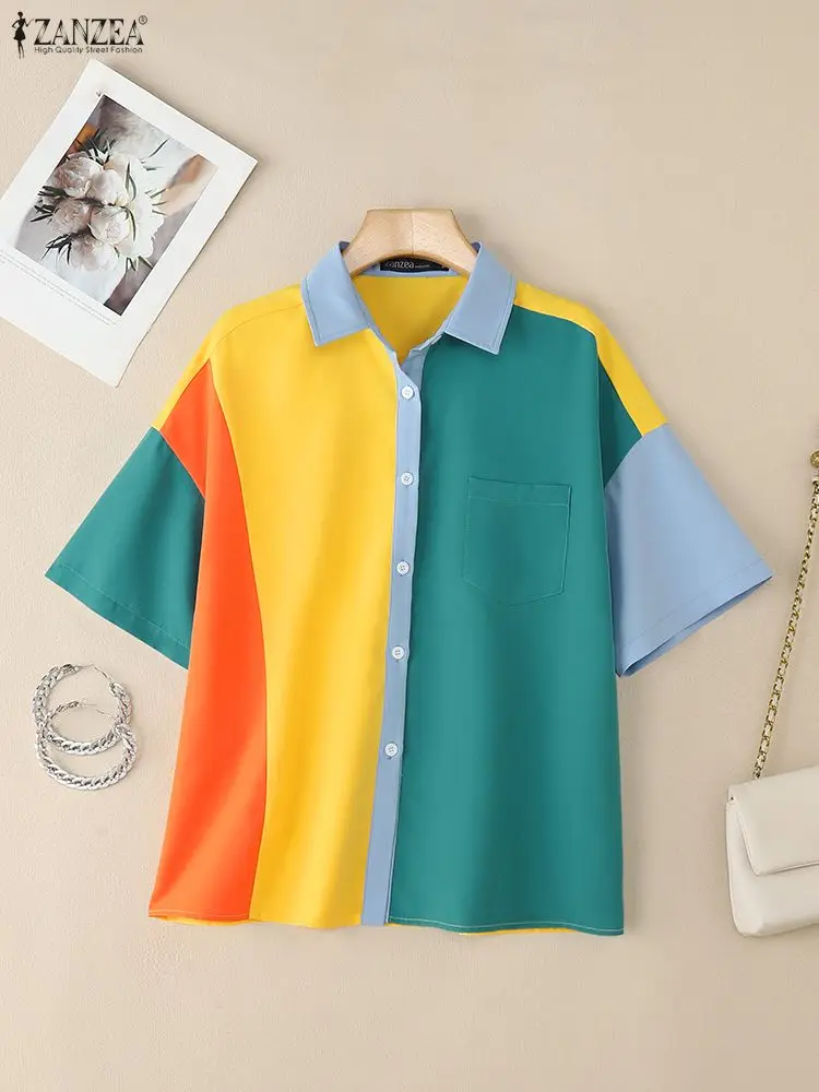 Zomer Stijlvol Shirt 2023 ZANZEA Vrouwen Patchwork Blouse Revers Hals Korte Mouw Werk Blusas Vrouwelijke Contrast Kleur Tops Oversize