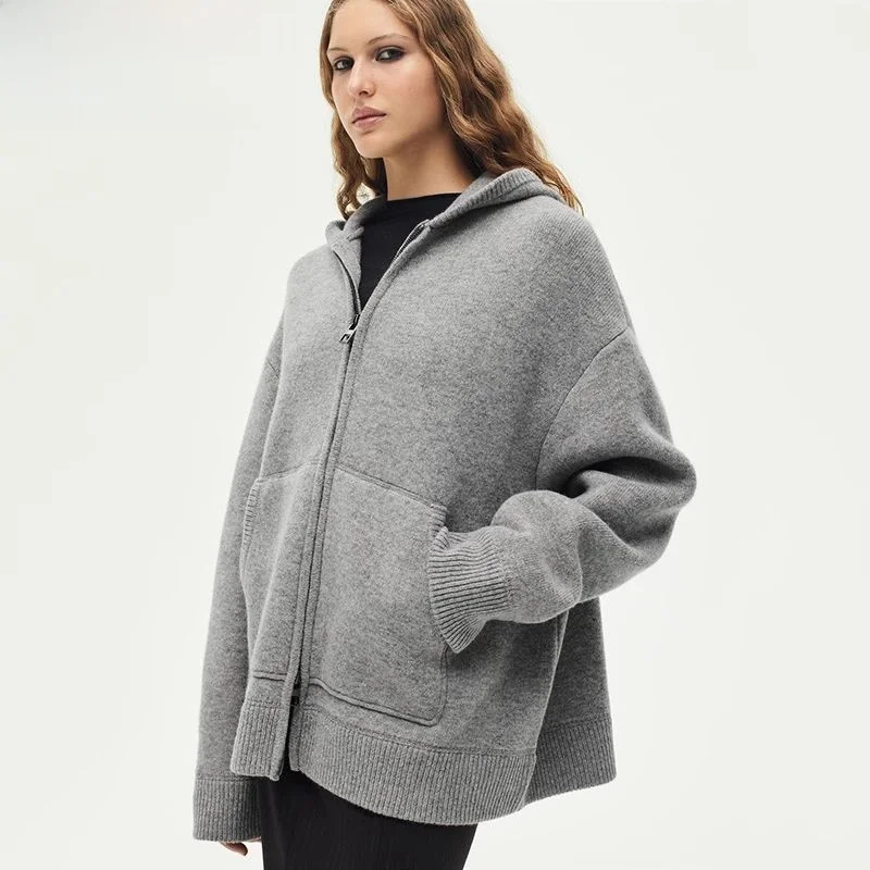 

Autumn Winter Women's Hooded Coat Woolen Loose Long Sve Sweatirt Sle Felt Jaet Sweet Sle Pure Color Polyester Fiber