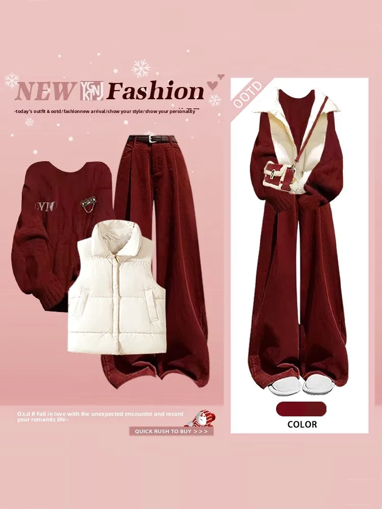 

Winter New Red Knitted Sweater Vest Wide Leg Pants Casual Slimming Three Piece Set High Waist Zipper Decorated Fashion Ensemble