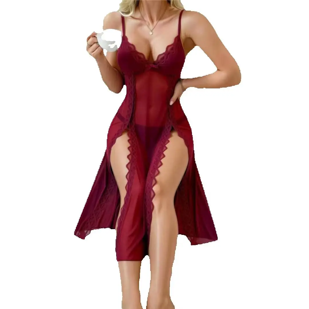 Sexy and breathable sheer deep V-neck elastic mesh double-split spaghetti strap bodycon long dress nightgown. Sexy women's indoo