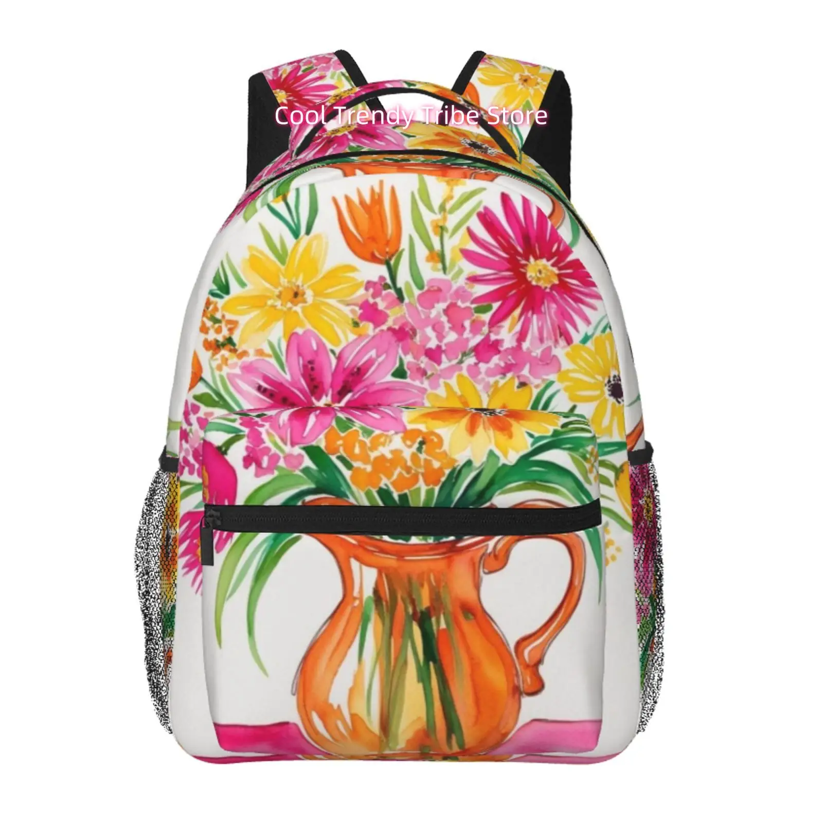 Vibrant Watercolor Flower Bouquet Print Backpack, High Quality Oxford Cloth, Ideal for Commuting and Work