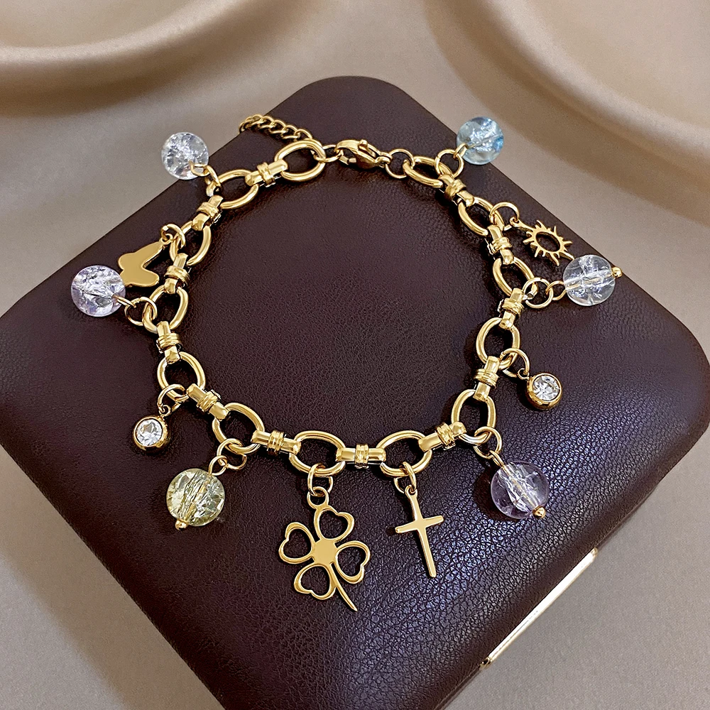 DODOHAO Elegant Stainless Steel Chunky Chain Bracelet for Women Colorful Acrylic Crystal Beads Butterfly Flower Charm Bangle New