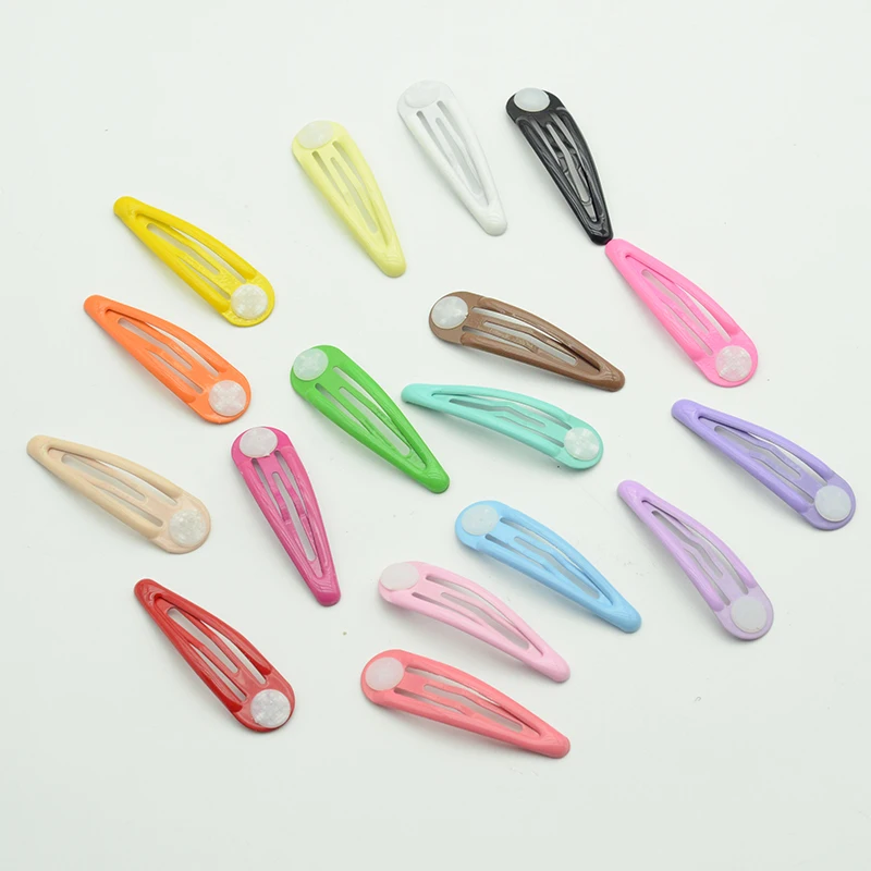 50PCS 5cm Clear Enamel Colorful Metal Snap Hair Clips with Pads for DIY Kids Hair Accessories Plain Hairpins Barrettes