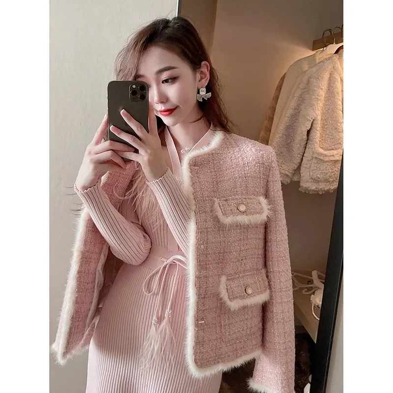 Women Small Fragrant Style Coarse Tweed Coat Autumn Winter New Fashion Wild Short Jacket French Style Elegant Outwear Female Top