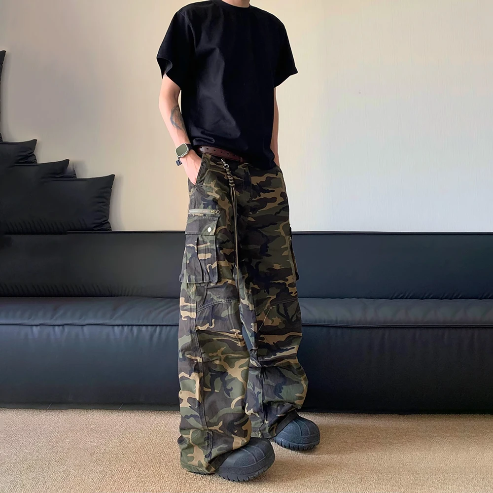 

Camouflage Cargo Pants Men Loose Casual Multi-pocket Baggy Elastic Waist Wide-leg Summer Street Jogger Hiking Fatigue Trousers