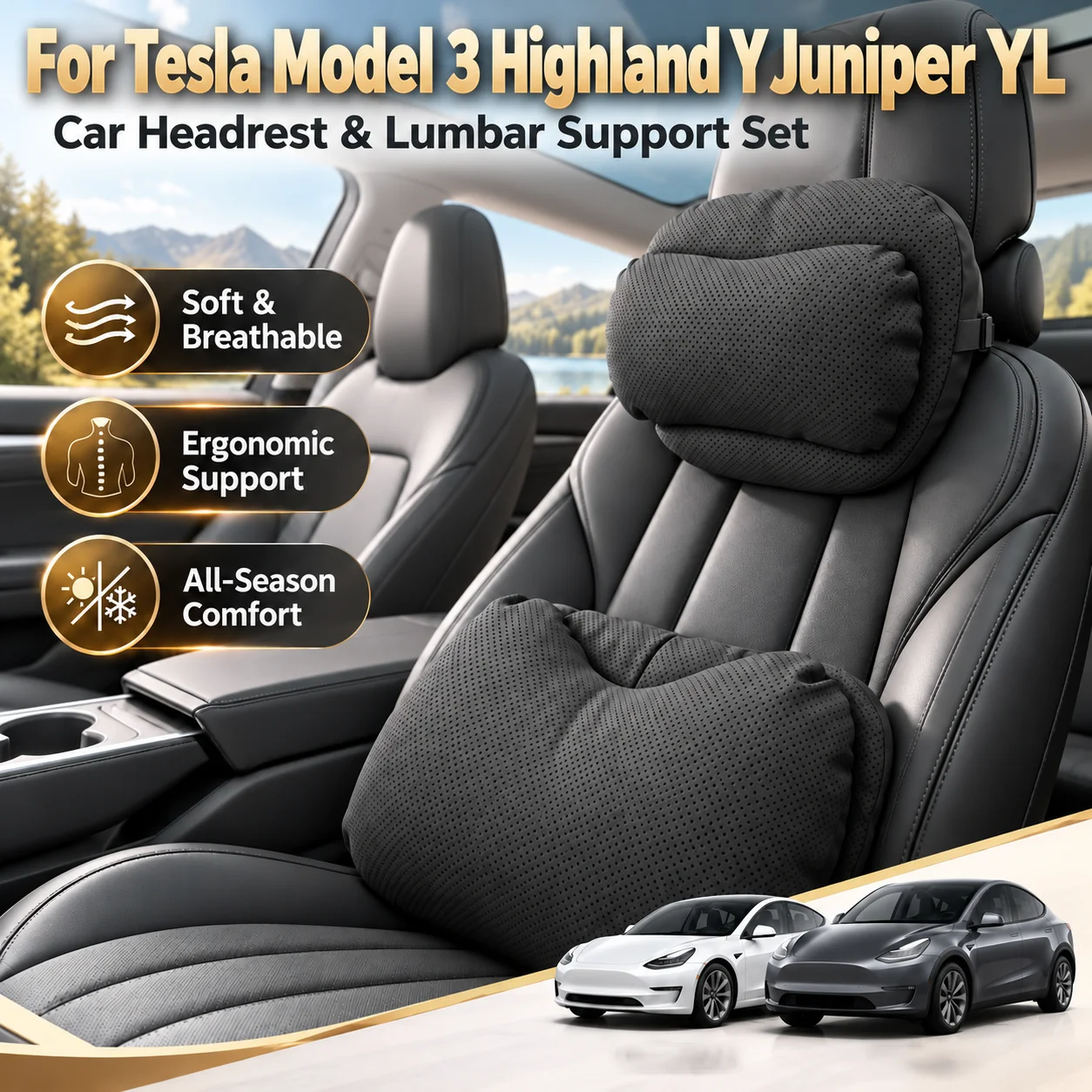For Tesla Model 3 Highland Model Y Juniper YL Dual Layer Car Headrest Pillow & Dual Core Lumbar Support Cushion Set All Season