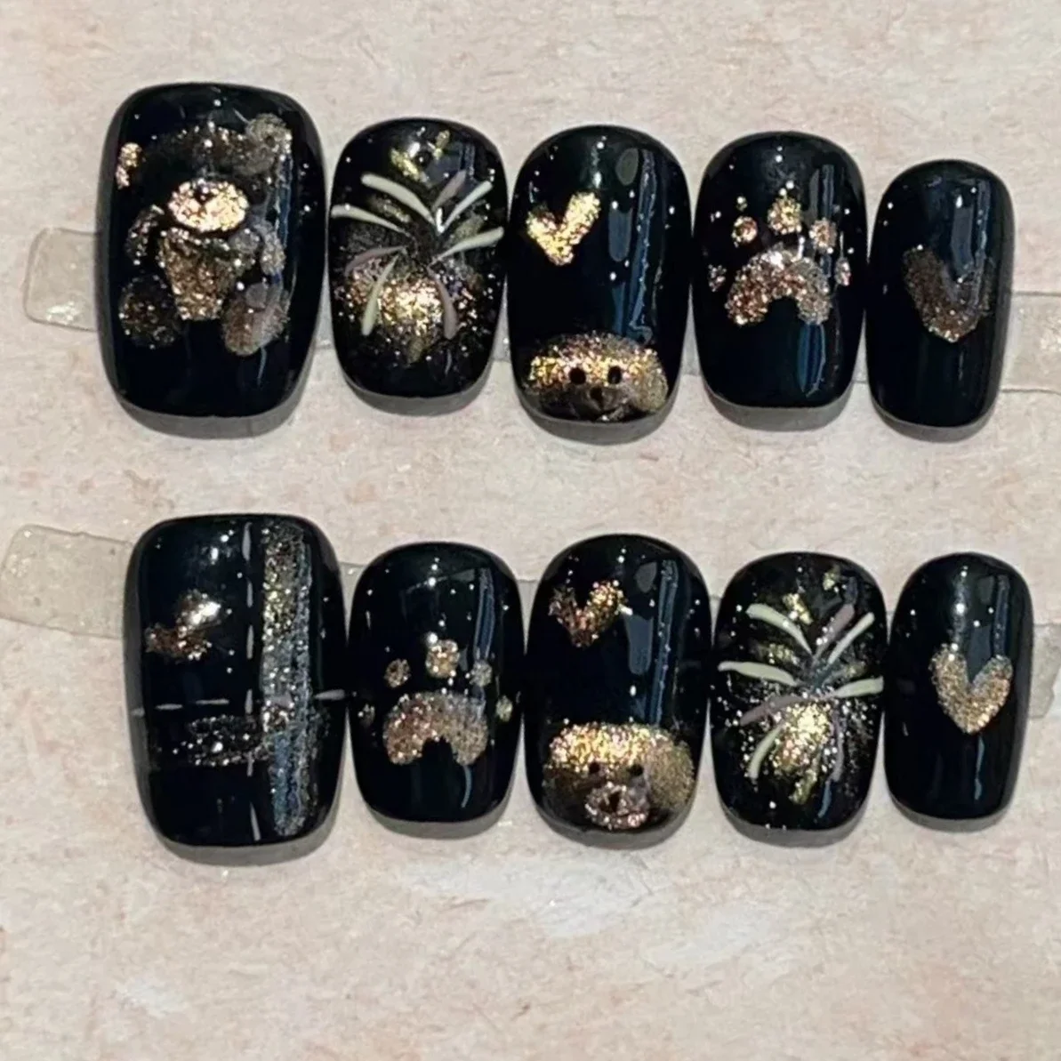 10Pcs Black Handmade Press on Nails Full Cover Shiny Fireworks Cat Eye Design False Nails French Square Ballet Wearable Manicure