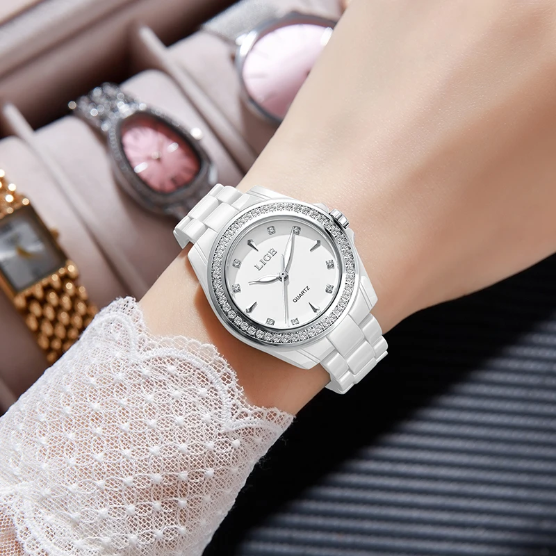 

LIGE, лучшие роскошные часы, женские модные элегантные кварцевые наручные часы, водостойкие светящиеся часы с керамическим ремешком, женские подарки Reloj 2026
