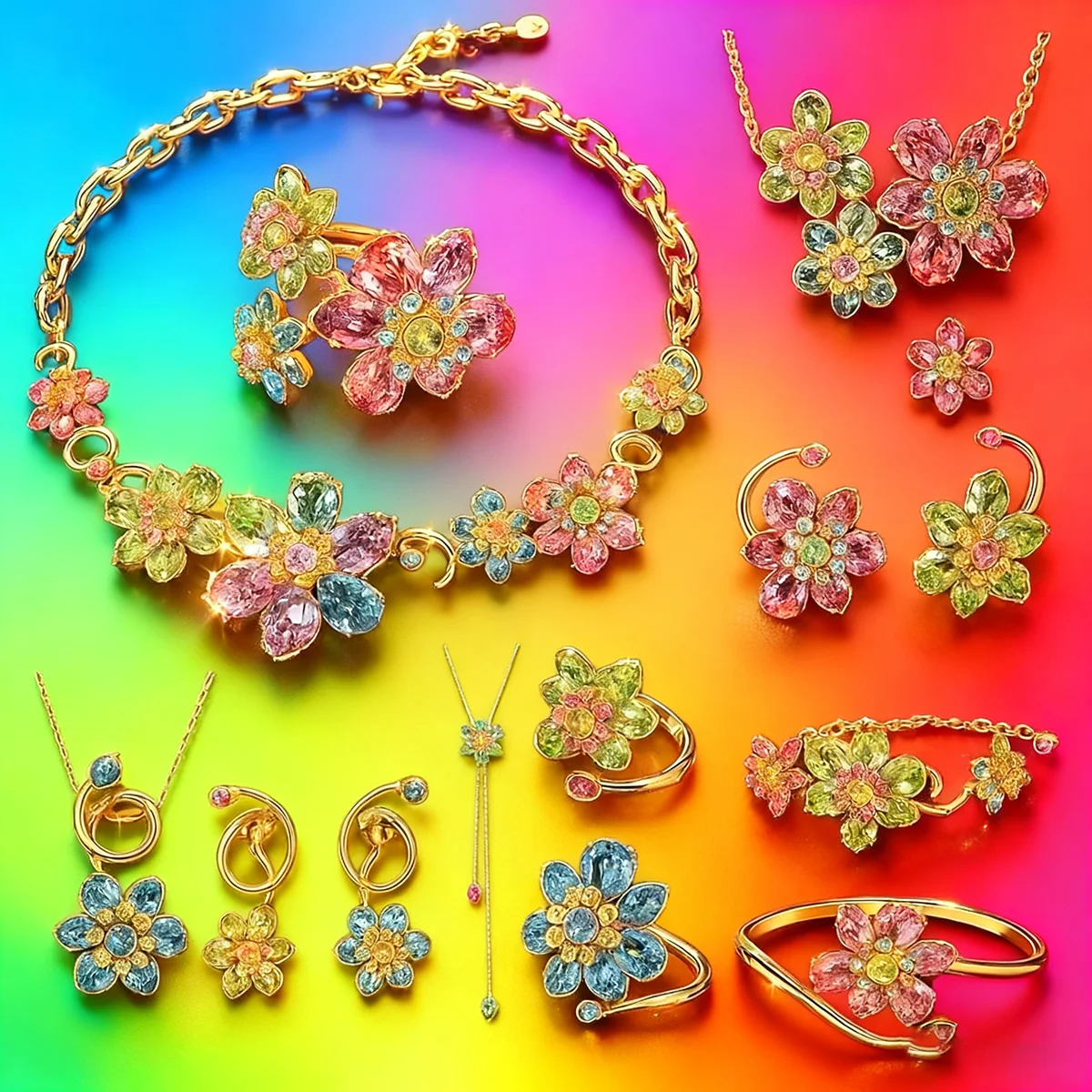 

2025 Gorgeous Floral Gold Jewelry Set, Essential Necklace Pendant Bracelet, Earnail Ring for Banquet Parties - Lover Gift