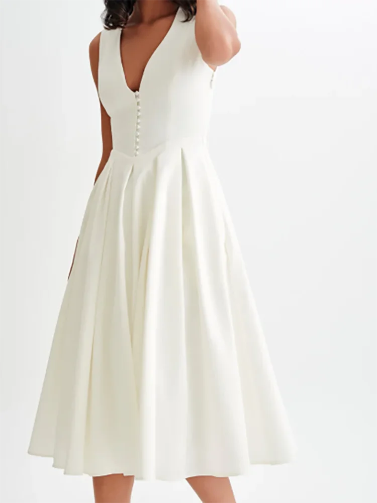 ง่ายคลาสสิก V คอแขนกุดซาติน A-Line ชุดราตรีอย่างเป็นทางการวันเกิด Party Prom Gowns ที่กําหนดเอง