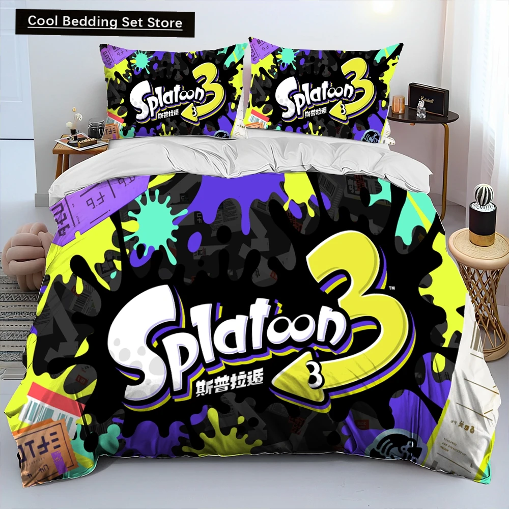 S-Splatoon Game Gamer Cartoon Comforter Bedding Set,Duvet Cover Bed Set Quilt Cover Pillowcase,King Queen Size Bedding Set Kids