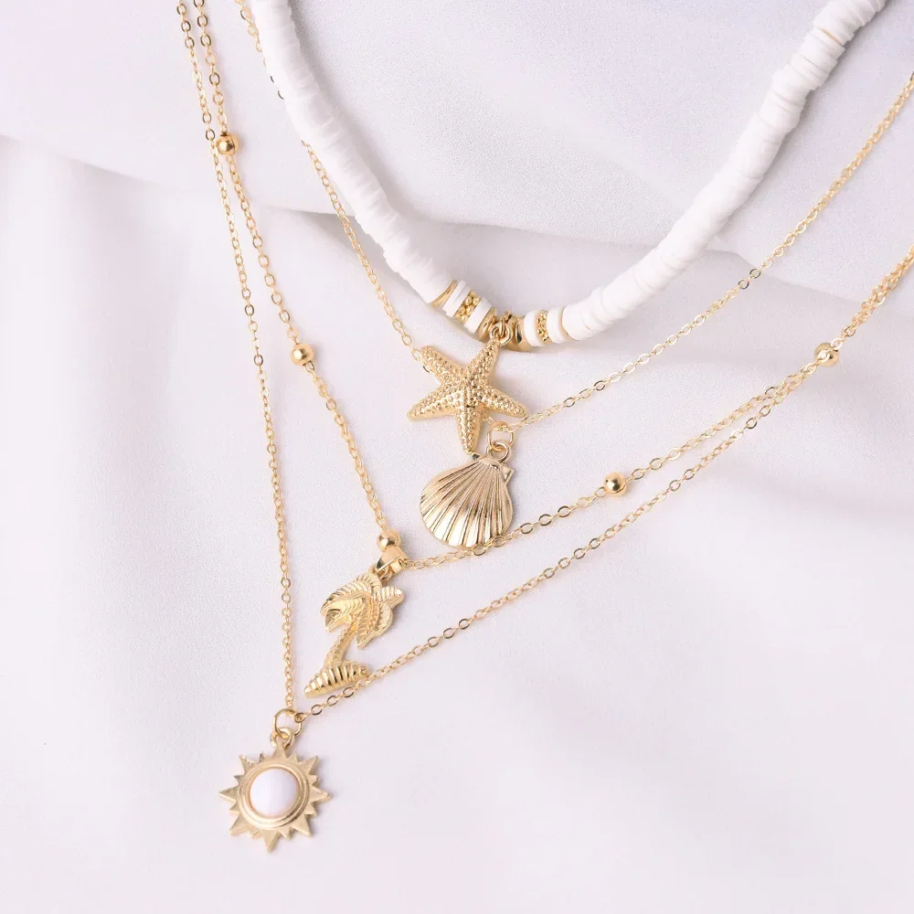 Fashion New Bohemia Soft Clay Shell Star Sun Pendant Chain Layered Necklace for Women Girls Summer Beach Simple Layered Necklace