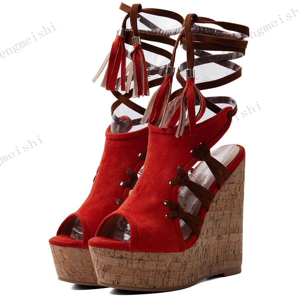 Women Peep Toe Wedge Sandals Tassel Lace Up Ankle Wrap Platform Cork Heel Suede Summer Party Dress Fashion High Heel Sandals