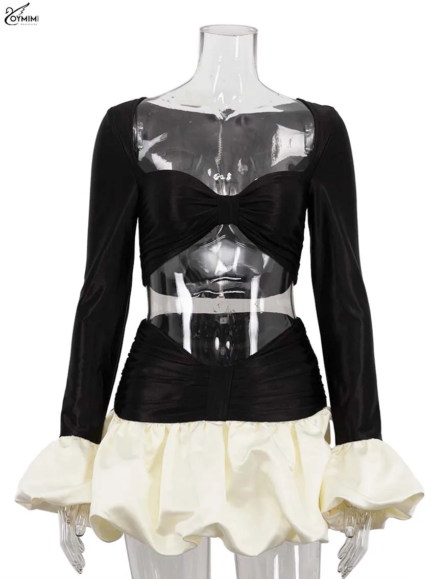 Oymimi موضة الساتان الأسود 2 قطعة مجموعات ملابس امرأة أنيقة طويلة الأكمام المرقعة سستة المحاصيل القمم ومطوي التنانير الصغيرة مجموعة