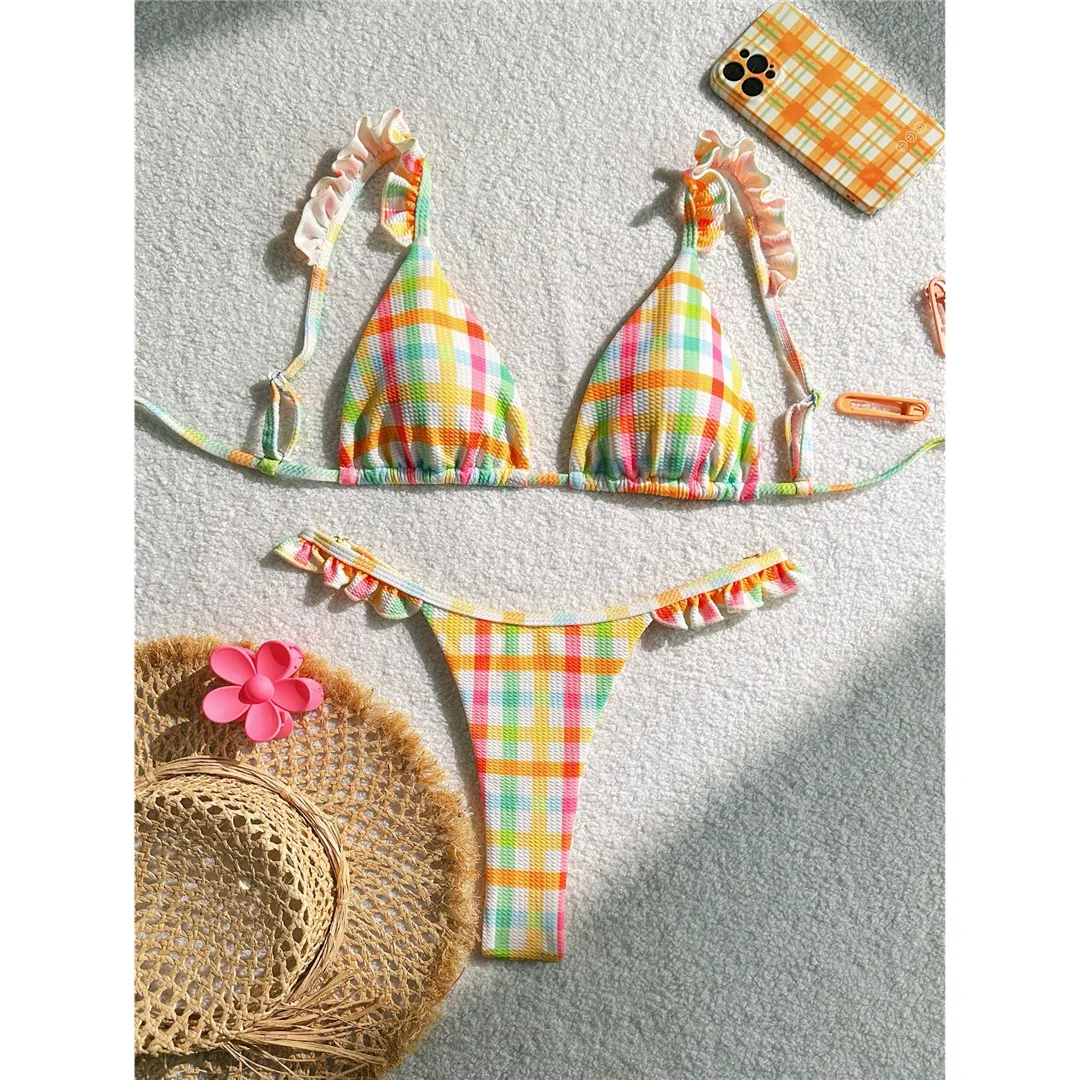 XS - L Bunter Karo-Rüschen-Tanga-Bikini, Damen-Badeanzug, zweiteiliger Bikini-Set, Badebekleidung, Badeanzug, Schwimmanzug V6974 – Detail 7