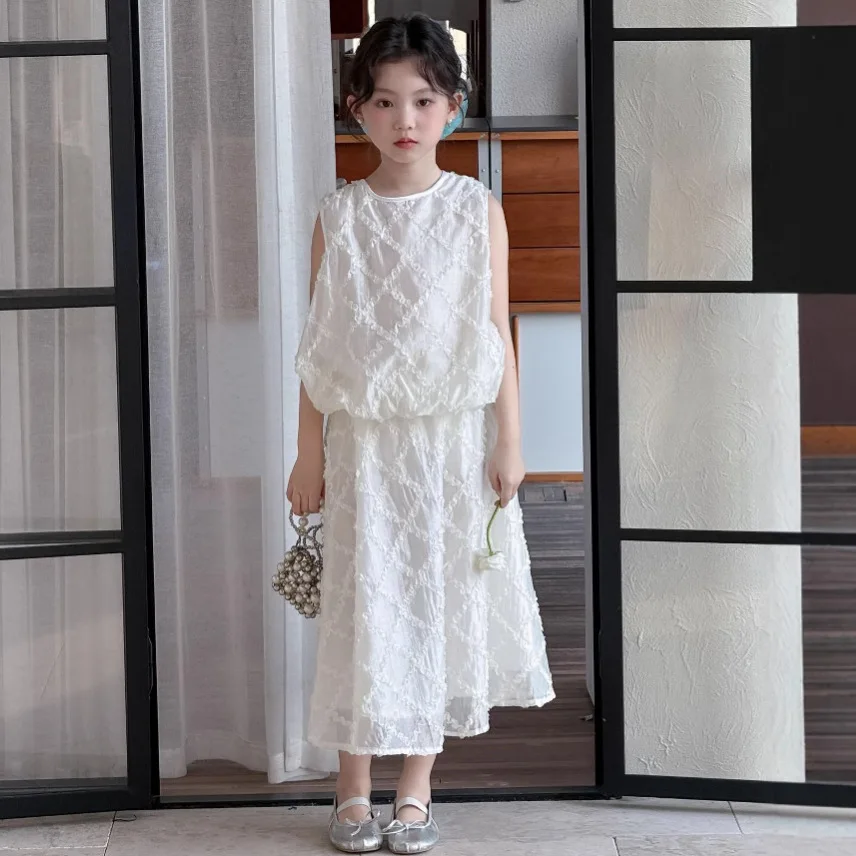 Ins Baby Girls Summer 2PCS Clothes Set Sweet Sleeveless Lace Argyle Tees Outfit Thin Two Layer Gauze Belle Girl Long Skirt Suits