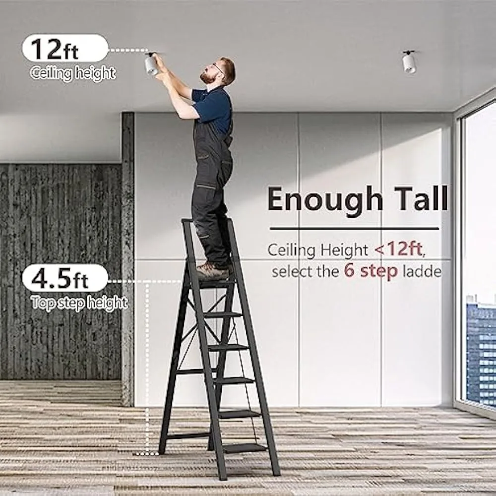 6 Step Ladder 12 Feet High Ceiling, Lightweight Aluminum Folding Step Stool with Convenient Handgrip, Stepladders with Anti-Slip