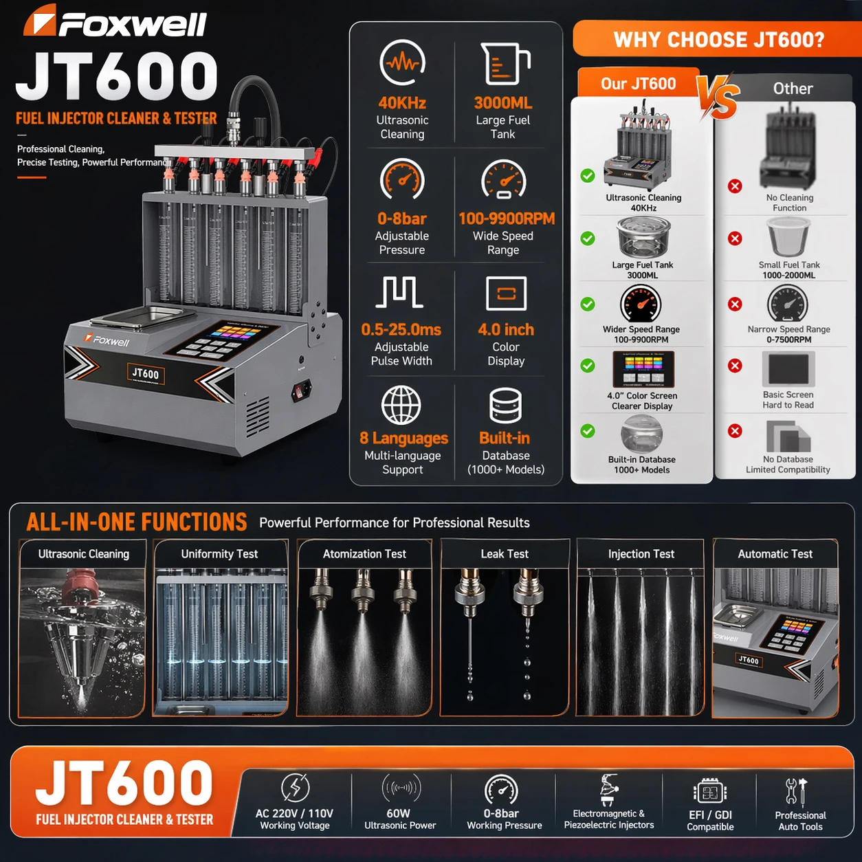 FOXWELL JT600 Injector Cleaner Tester 6 Cylinder
