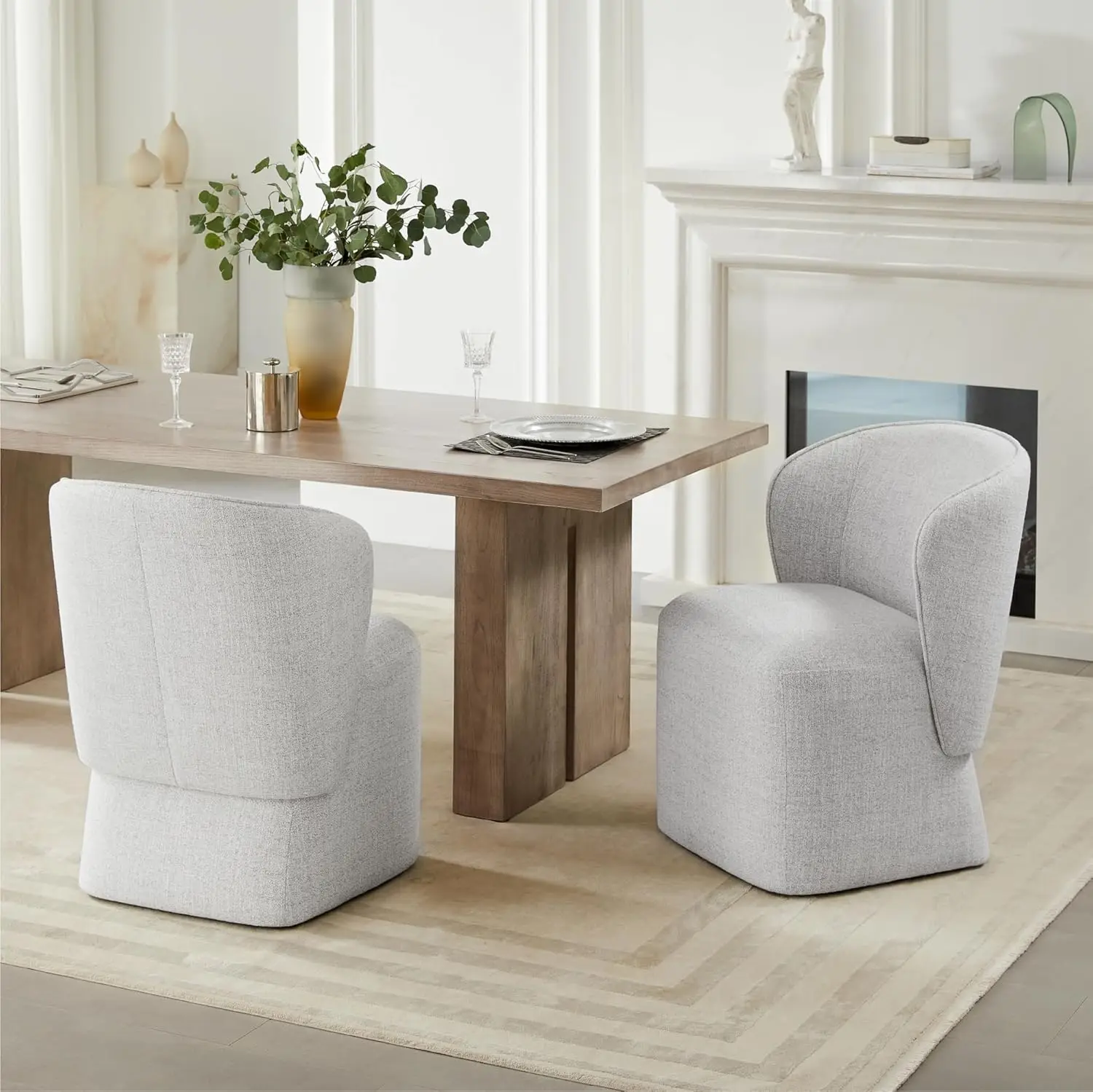 Upholstered Dining Chair with Casters No Assembly Linen AccentChair for Living Room Wingback Single Sofa for 2 PCS Light Grey