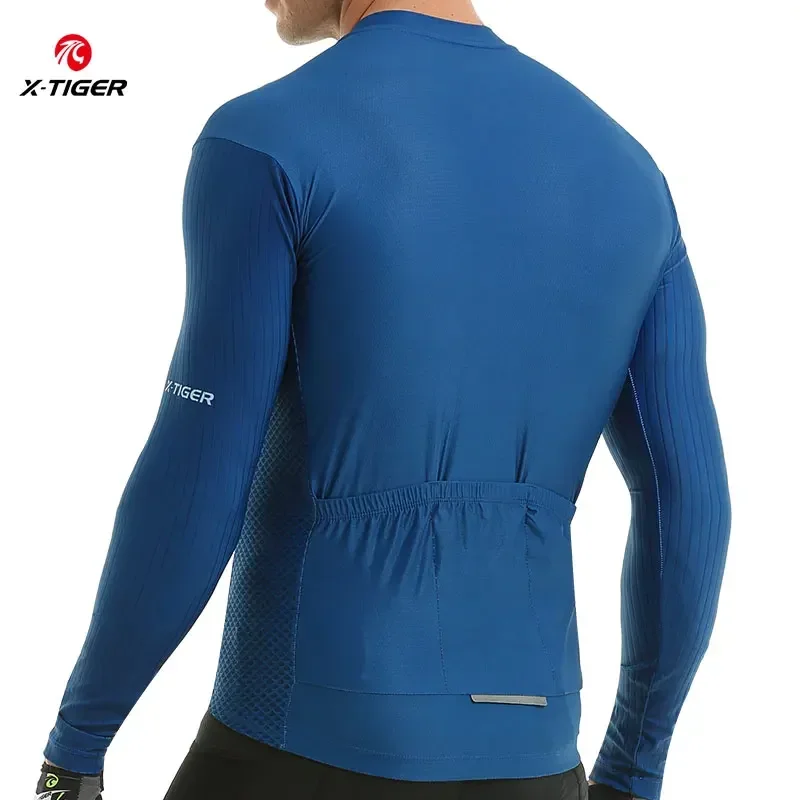 X-TIGER Blue Cycling Jerseys Men Upgraded Long Sleeve Shirts Adult Autumn Breathable Road Training Clothes with 4 Rear Pockets