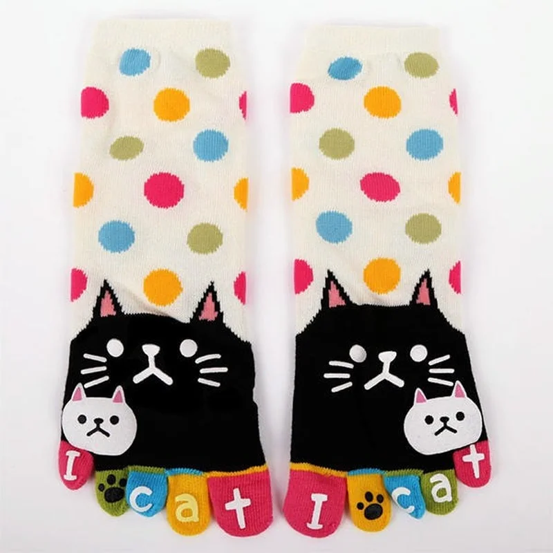 2023 New Cat Pattern Fall/winter Cartoon Five-finger Socks Women Cute Cartoon Cat Five Toes Socks Thick Warm Middle Tube Sock