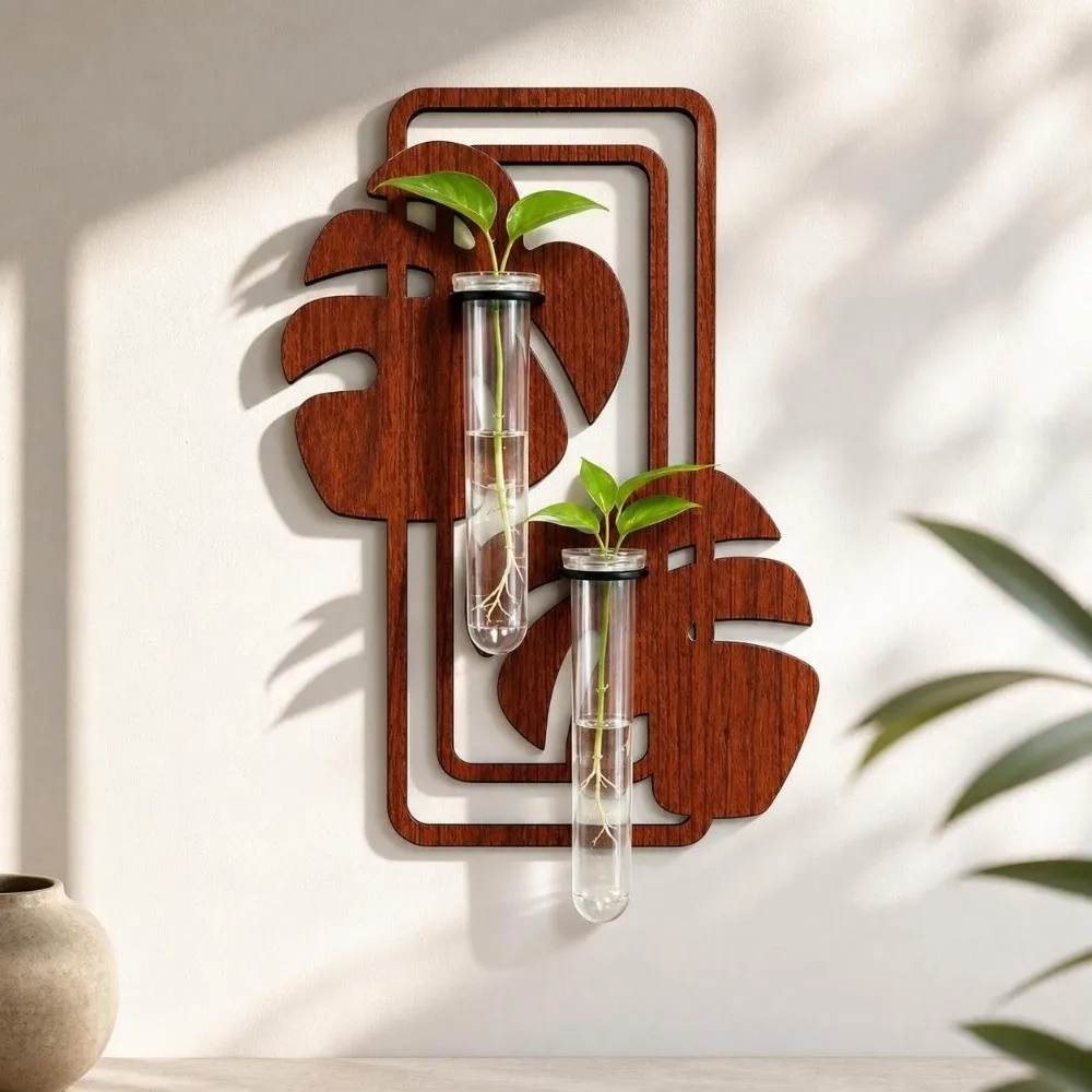 Wall Shelf Wooden Hydroponic Planter Shelf Home Ornaments Vase Wall Decoration Retro Leaf Shape