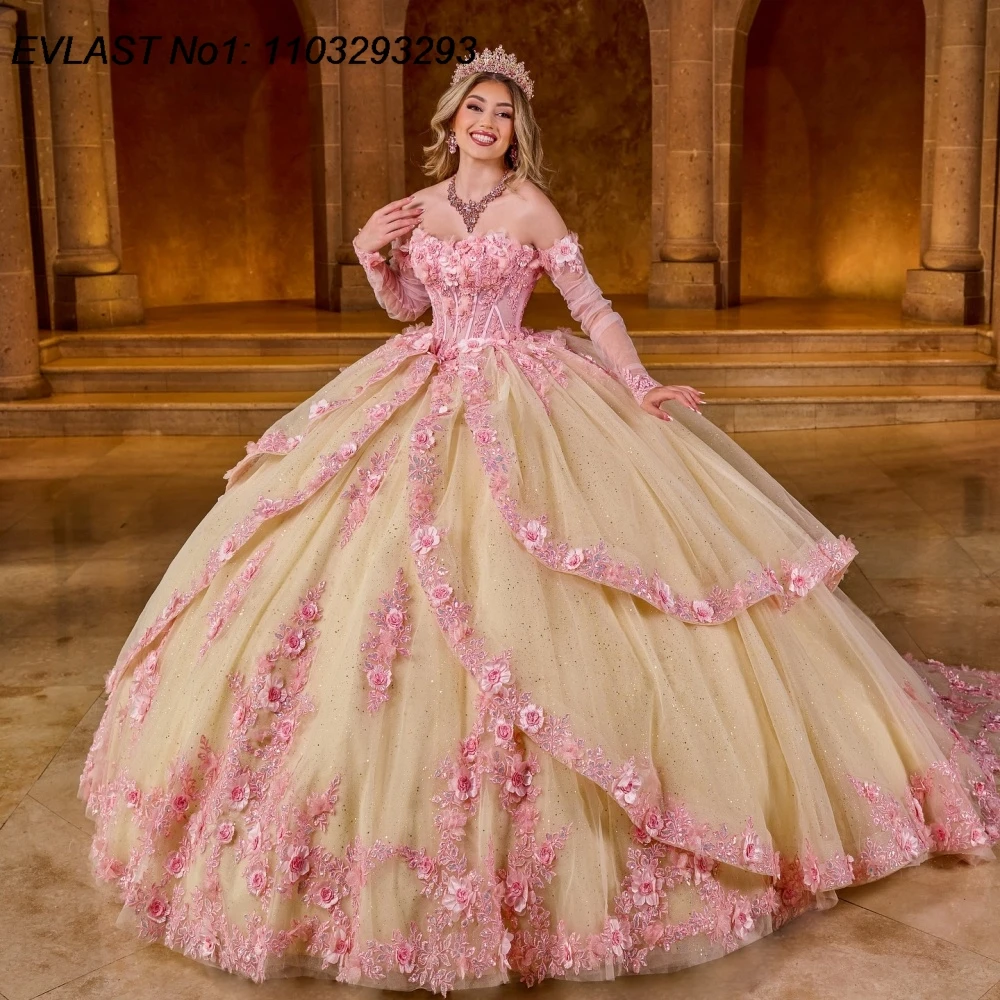 EVLAST Customized Glitter Quinceanera Dress Ball Gown Pink Floral Applique Beaded Tiered Bow Sweet 16 Vestido De 15 Anos E1Q198