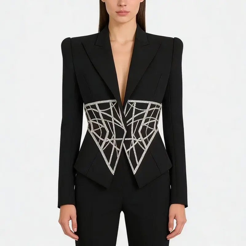

Fashionable Heavy Embellished Diamond Waist-Cinching Slim Fit Women's Suit Jacket Commute Style Long Sleeve Button up Coat