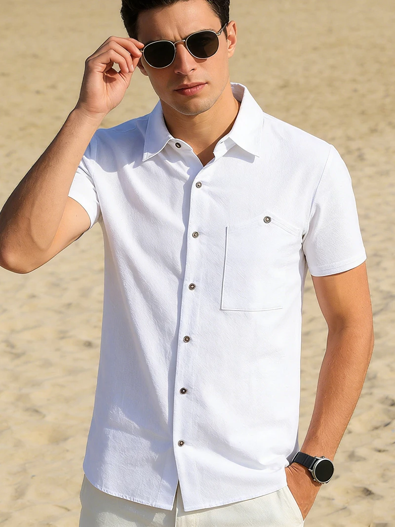 

Men's Linen Blend Short Sleeve Button Down Shirt Casual Summer Beach Vacation Tops with Chest Pocket Breathable Shirts