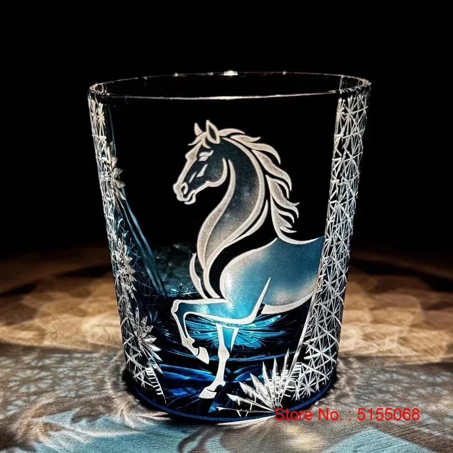 Implies Success Hand Carving Fine Horse Edo Kiriko Crystal Whiskey Wine Glass Cup Brandy Liquor Snifter Sake Beer Mug Gift Box