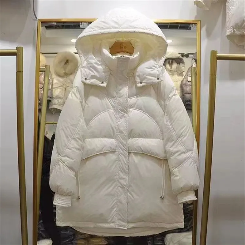 2024 New Women Down Jacket Winter White Duck Down Fashion Loose Hooded Frivolous Down Jacket Female Medium To Long Parker Coat