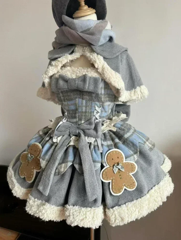 Winter Japanische Süße Lolita Grau 2-teiliges Set Chic Cape + Nette Patchwork Kleid Neue Mode Harajuku Kawaii Frauen Warme kleidung Anzug