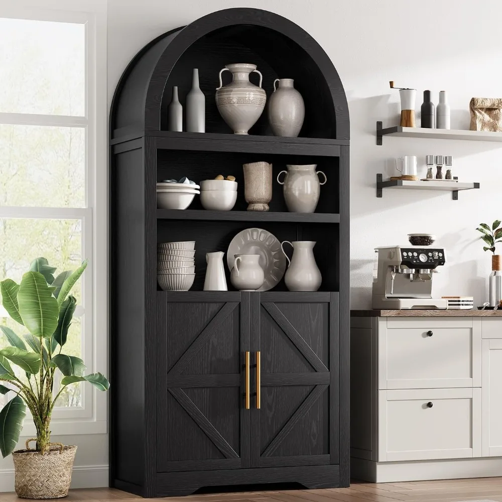 

Kitchen Pantry Cabinet, Arched Bookshelf Bookcase China Pantry Storage Cabinet with Doors and Shelves,71“ Tall Food Pantry Funit