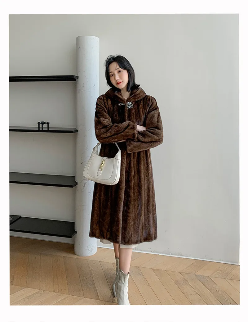 110CM Luxury Wholeskin Female Mink Fur Coat with Hoody Autumn Winter Women Warm Outerwear Overcoat LF2305JY