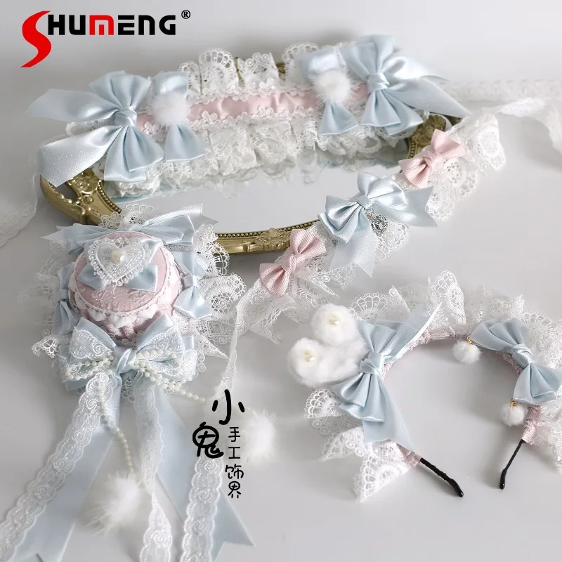 

New Japanese Original Sweet Christmas Blue Pink Lolita BNT Lace Headband Rojita Style Small Hat Flower Maru Rabbit Ear Hairdband