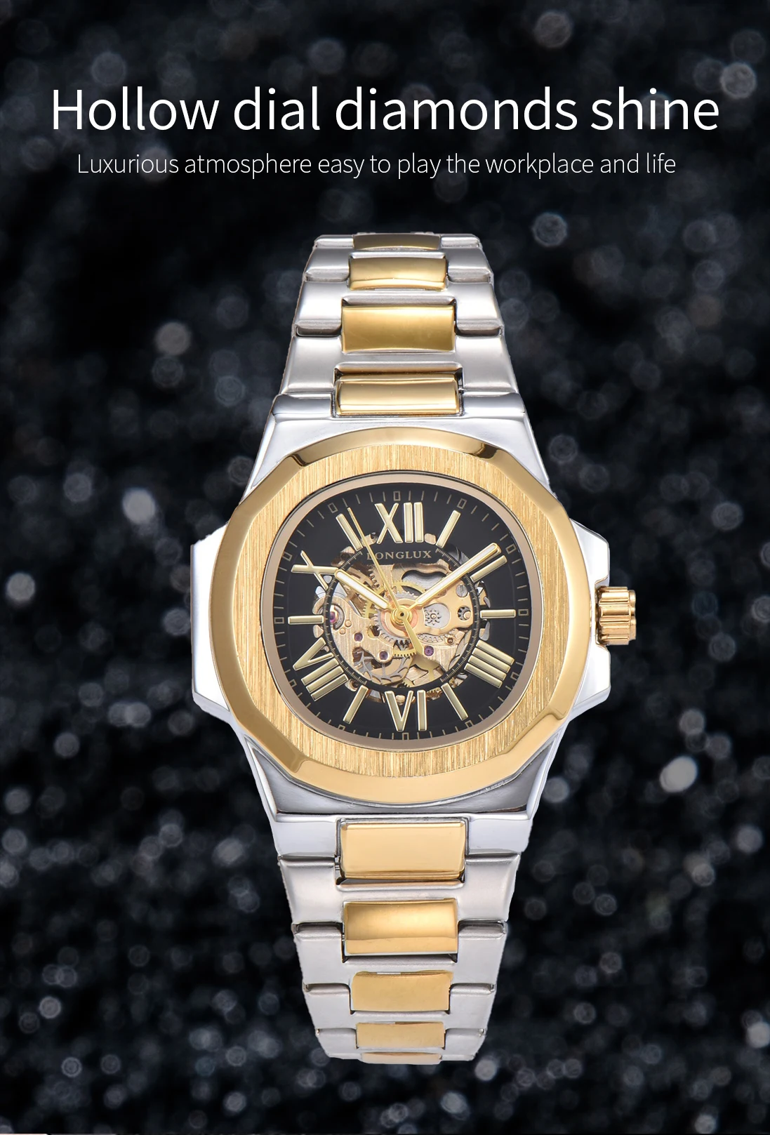 LONGLUX HOT SALE NEW Automatic Mechanical Men Watch Rome Business Waterproof Skeleton Luminous Stainless Steel Gift Watch