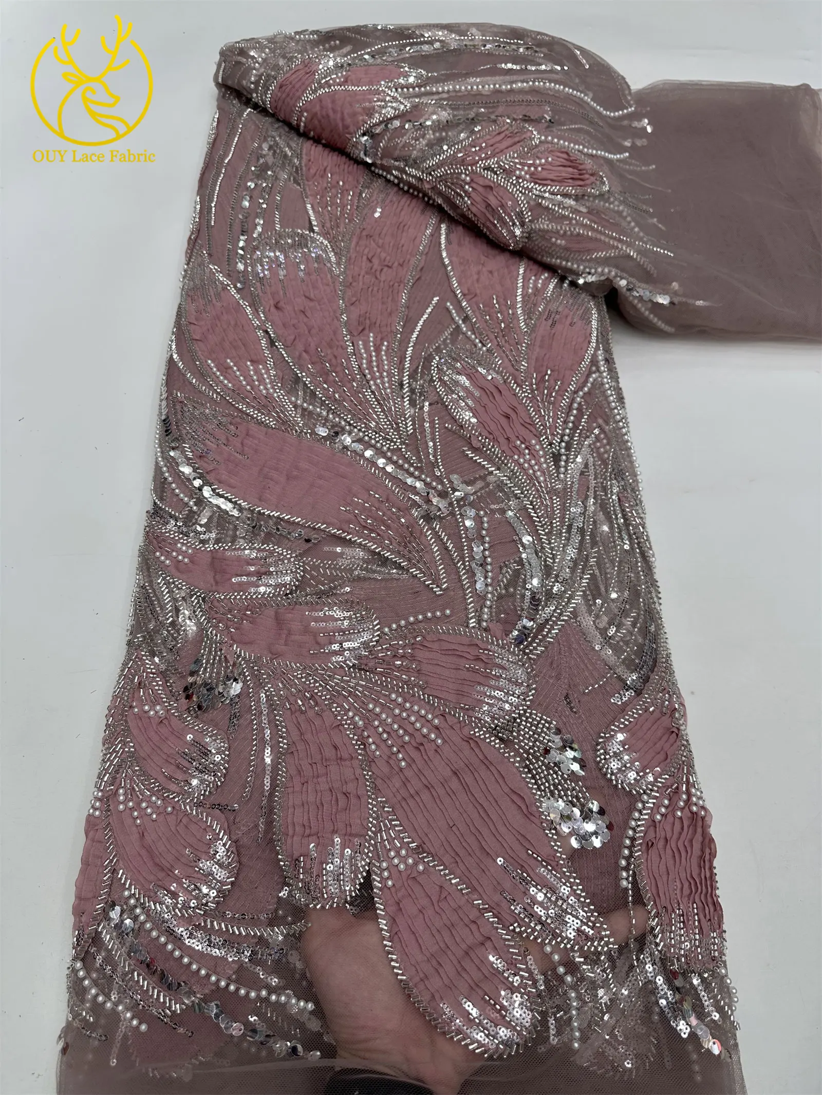 Newest African Nigerian Beaded Lace Fabric 2025 High Quality French Sequin Tulle Lace Fabric for Wedding Dress Sewing 5 yards