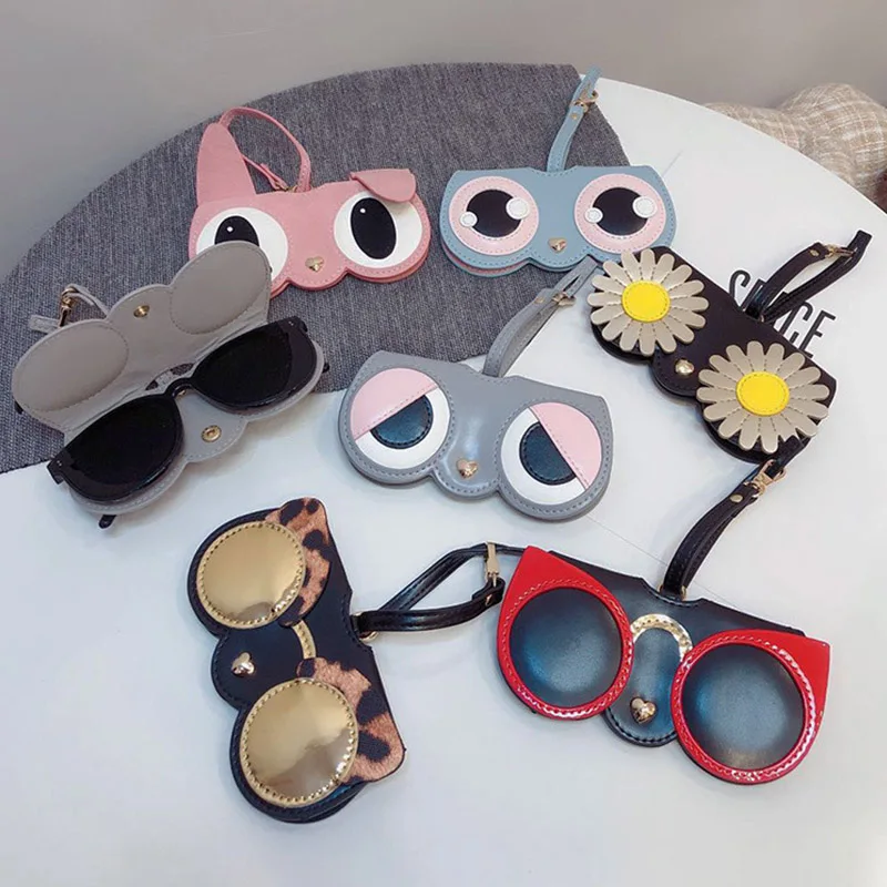 Creative Cartoon Animal Cute Sunglasses Case Women Chain Hanging Eyewear Bag Hasp PU Leather Storage Glasses Case Eyeglass Cover