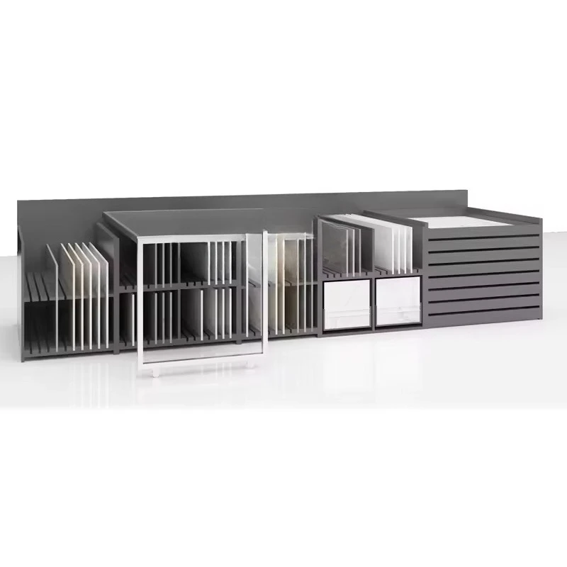 &c Customized Granite Metal Racks Ceramic Panel Stand Building Stone Combination Drawer Display Cabinet for Showroom