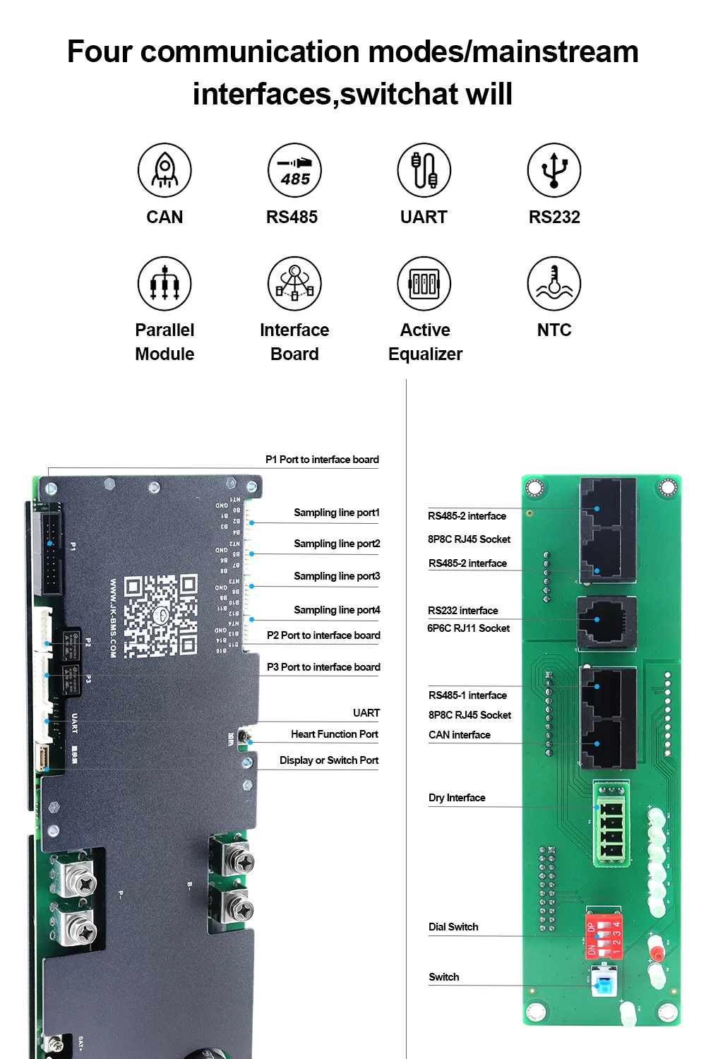 JKBMS V19 Inverter BMS 8S-16S 24V 48V 100A 200A 300A for Li-ion Lifepo4 LTO Battery Household Energy BMS Active Balancer 1A 2A