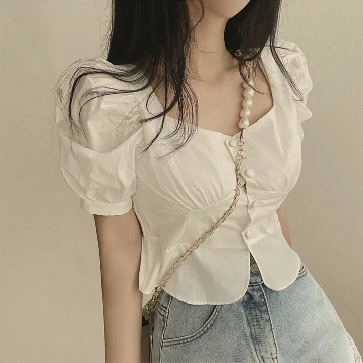 시크 빈티지 하트 칼라 싱글 버튼 반팔 셔츠 여성용 탑 한국 스타일 출퇴근용 순색 면직물 스트레이트 컷