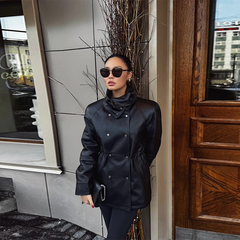 Women Fashion Black Leather jacket Double slim fit stand up collar Coat 2025 Autumn High Street Outfits NEW Women's jackets