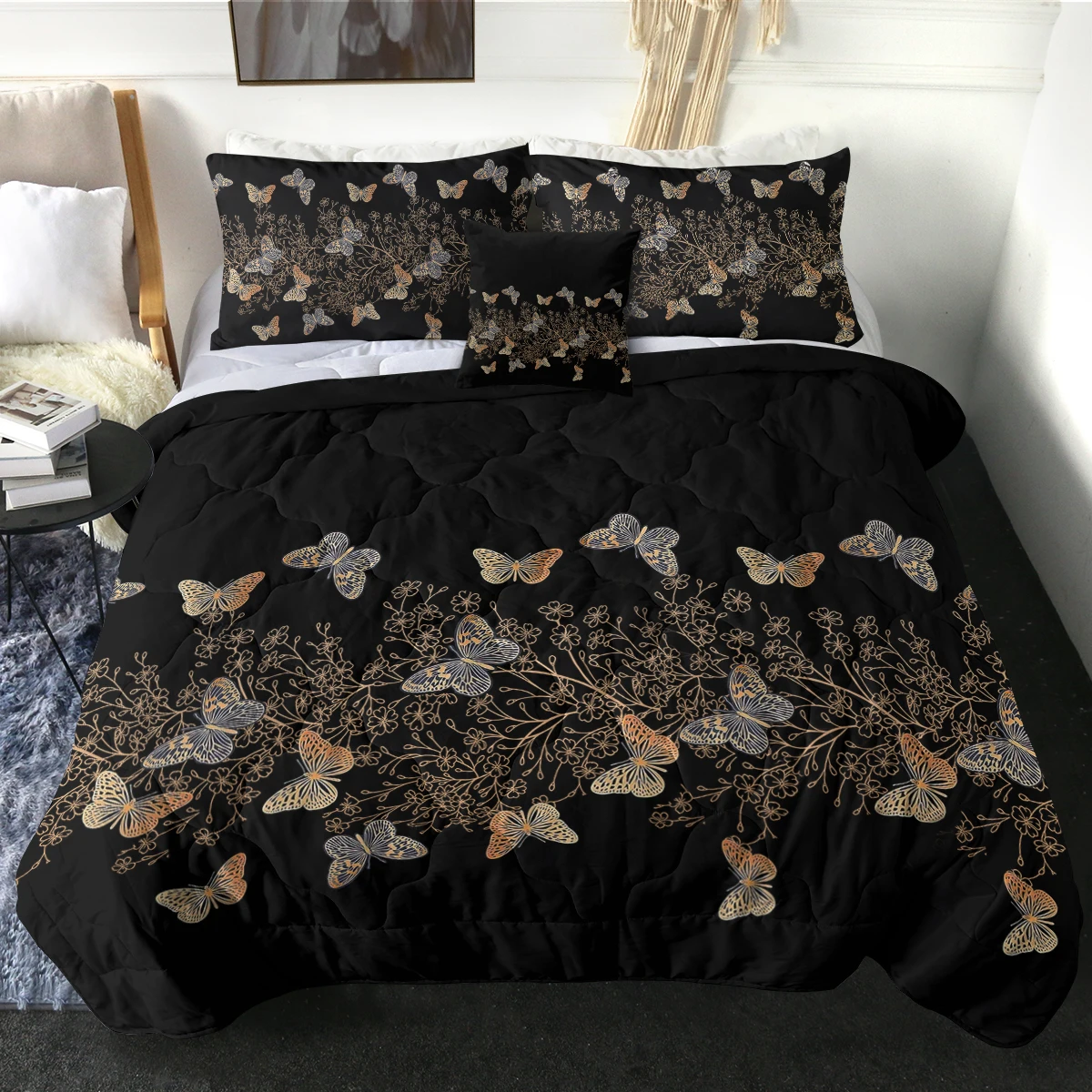 

Golden Butterfly Flying Around Flowers Printed Comforter Set with Two Pillowcases and One Cushion Cover Bedroom Decor