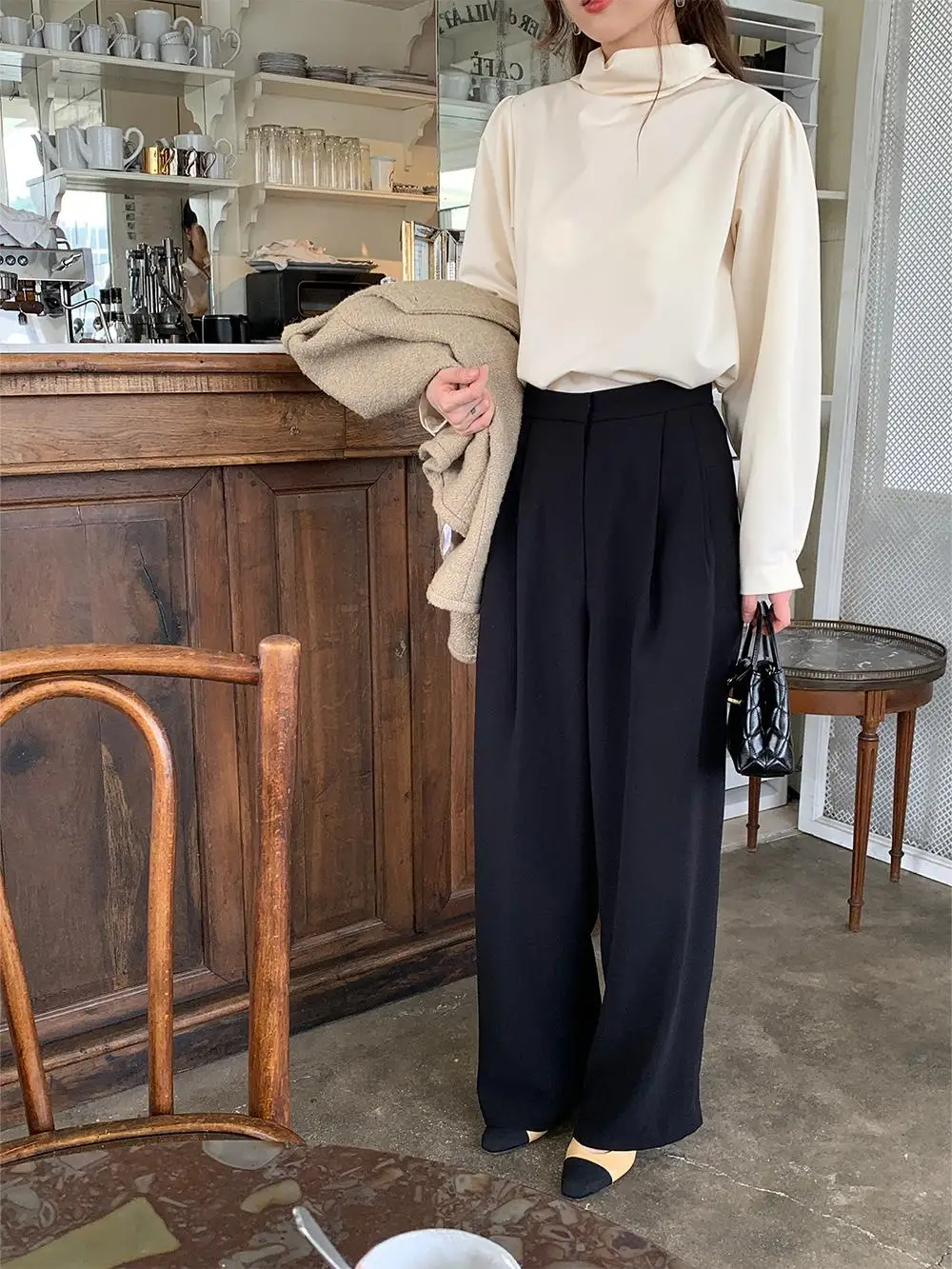 ハイウエストストレートレッグブラックパンツ LE LALIN 秋冬バージョンスムーズスリミングカジュアルパンツ女性用