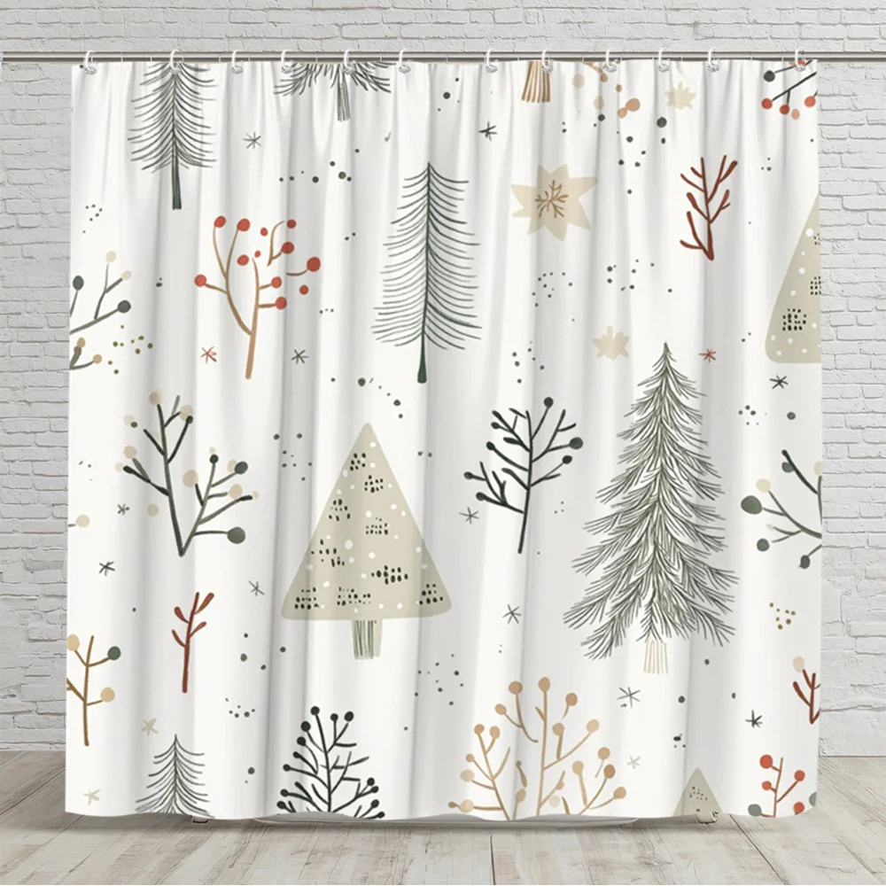 1pc Winter Christmas Tree & Snowy Plants Shower Curtain - Semi-Translucent Bathroom Window Panel Suitable for Bathtub Partition,