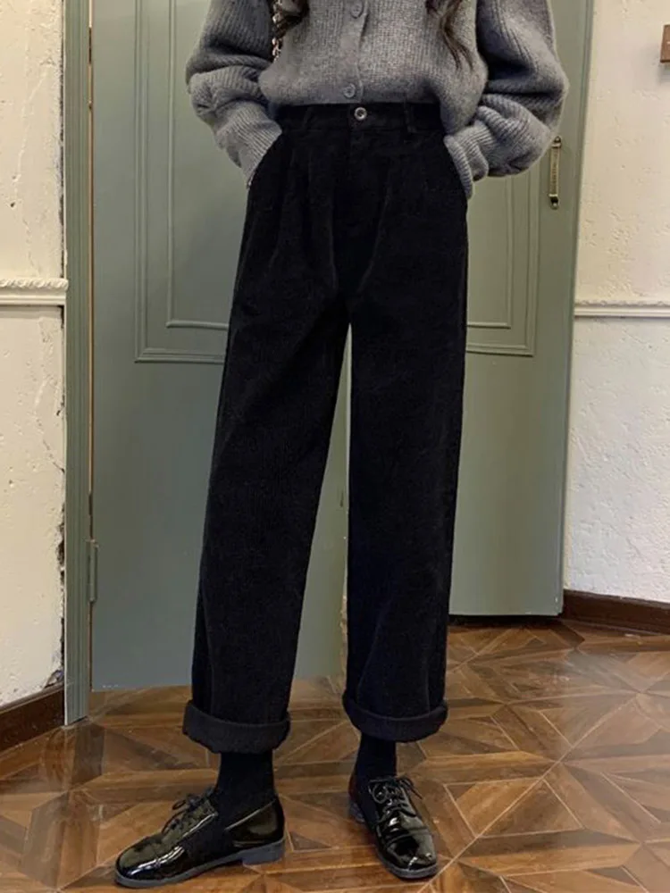 Jmprs Vintage Corduroy Pants High Waist Spring Straight Trousers Causal Pockets All Match Female Black Korean Pants